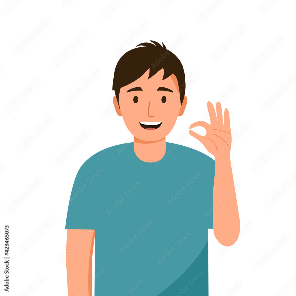Smiling young man with ok hand gesture in flat design on white background. Positive thinking concept.