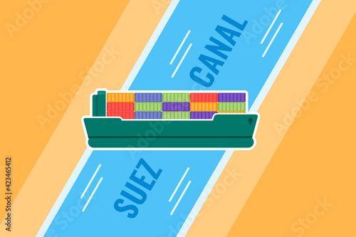 Massive Cargo Container Ship Vessel Stuck in Suez Canal Flat Vector Illustration. Can be Used for Digital and Printable Illustrative Infographic. 