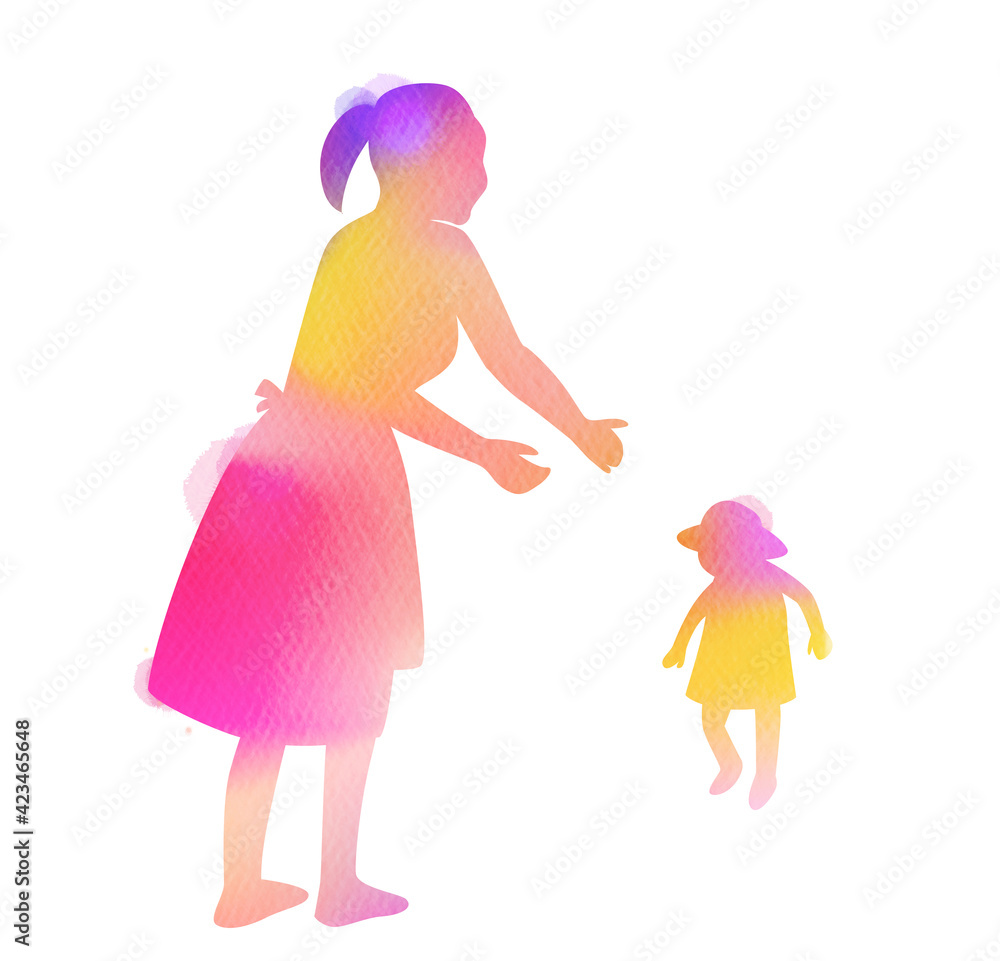 Silhouette watercolor of Happy parents having a good time with their little children. Mother and daughter. Mother's day. Digital art painting. Silhouette watercolor of Happy parents having a good time with their little children. Mother and daughter. Mother's day. Digital art painting.
