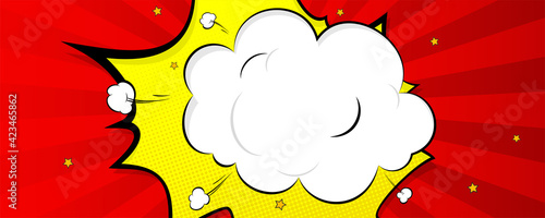 Vintage background in comic style. Speech bubble is exploding with stars and clouds. Vector pop art background.