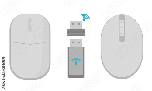 A set of gray wireless mice with a radio communication module. A gray computer mouse. Flat vector illustrations