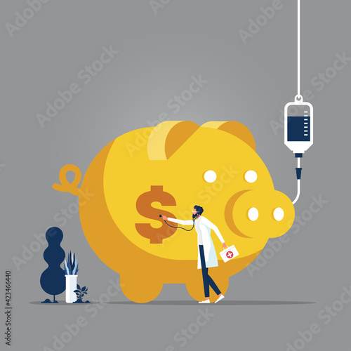 Businessman use stethoscope to check piggy bank health-Financial crisis concept, Businessman checking health of piggy bank