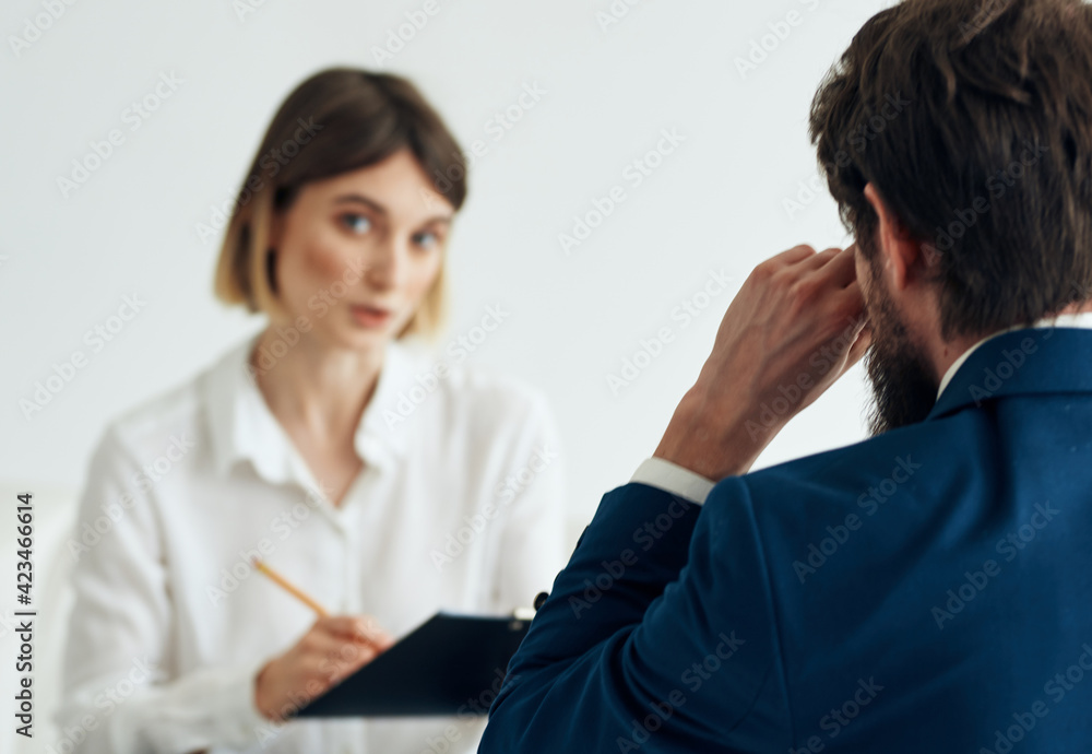 woman and man suit documents communication people resume woman and man suit documents communication people resume