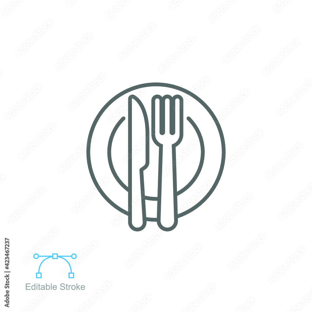 Plate and knife with a fork icon, dinner, meal, eat cutlery, outline style Restaurant dish dining table set. Tableware, silverware Editable stroke Vector illustration design on white background EPS 10 Plate and knife with a fork icon, dinner, meal, eat cutlery, outline style Restaurant dish dining table set. Tableware, silverware Editable stroke Vector illustration design on white background EPS 10