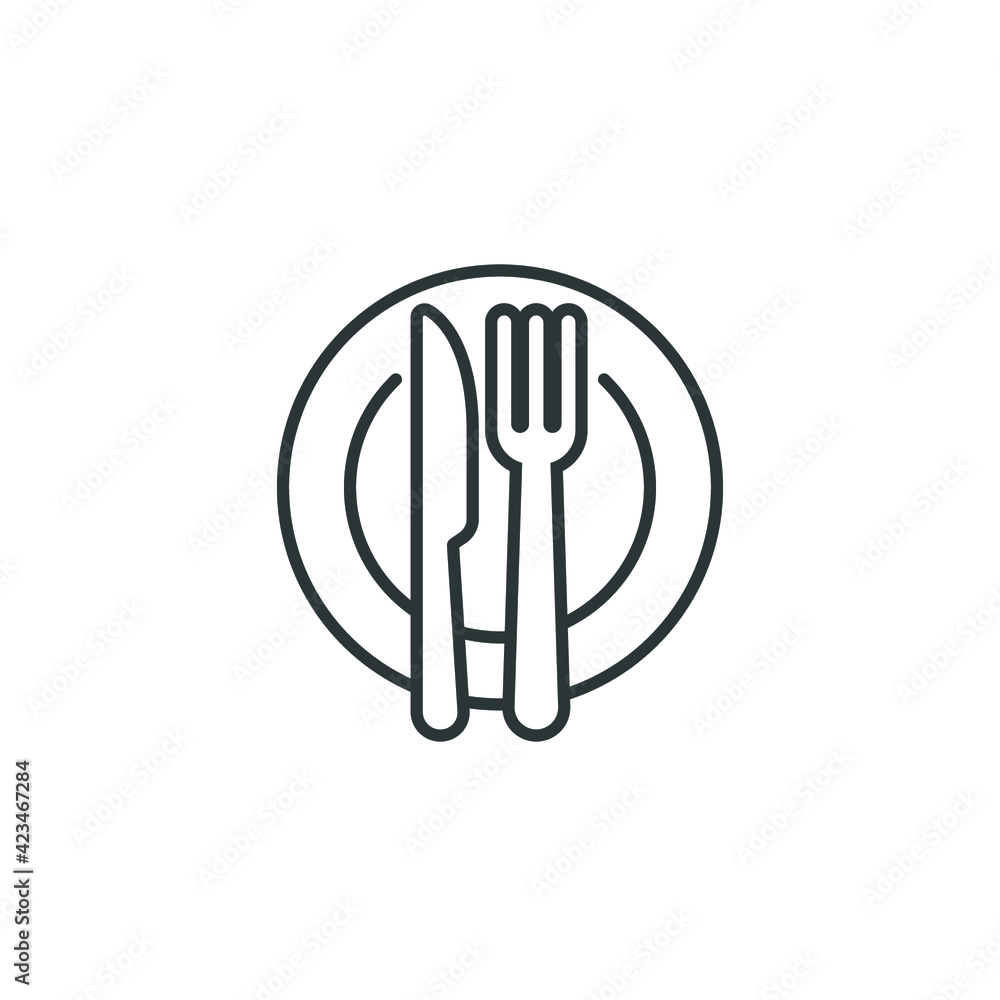 Plate and knife with a fork icon, dinner, meal, eat cutlery outline style. Restaurant dish in dining table set. Tableware, silverware serving logo Vector illustration design on white background EPS 10 Plate and knife with a fork icon, dinner, meal, eat cutlery outline style. Restaurant dish in dining table set. Tableware, silverware serving logo Vector illustration design on white background EPS 10