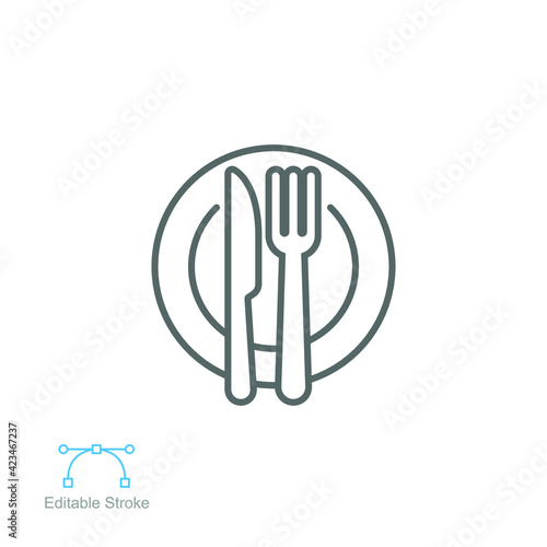 Plate and knife with a fork icon, dinner, meal, eat cutlery, outline style Restaurant dish dining table set. Tableware, silverware Editable stroke Vector illustration design on white background EPS 10