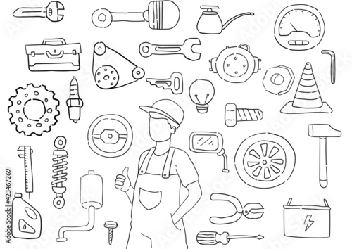 Doodle vector illustration of machanic repairing automotive in a workshop. Auto repair shop concet for printed materials, banner. Car Motorcyle workshop. Tools repair doodle icons. Thumbs up mechanic 