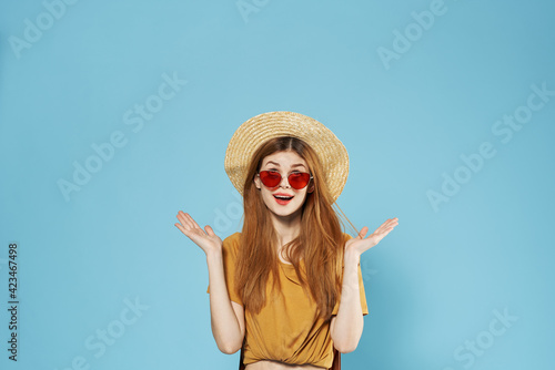 Woman tourist backpack travel fashion summer clothes dark sunglasses 