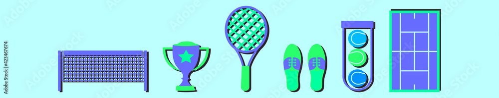 set of tennis cartoon icon design template with various models. vector illustration isolated on blue background set of tennis cartoon icon design template with various models. vector illustration isolated on blue background
