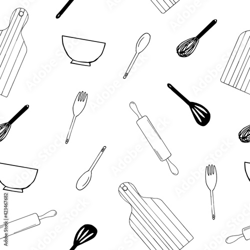 kitchen utensils seamless pattern. wallpaper, textiles. hand drawn doodle style. vector, minimalism, monochrome, sketch. fork, spoon, whisk, spatula, rolling pin, cutting board. food, cooking.