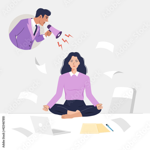 Young woman employee meditate on office desk while angry boss is shouting.