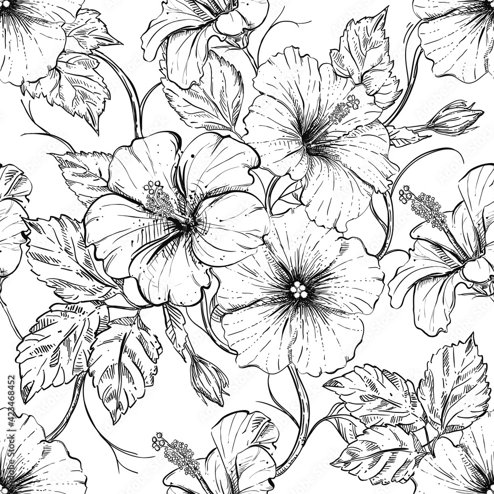 Hand drawn seamless pattern black and white of blossom hibiscus flower, plant, leaf. Vector illustration. Elements in graphic style label, sticker, menu, package.