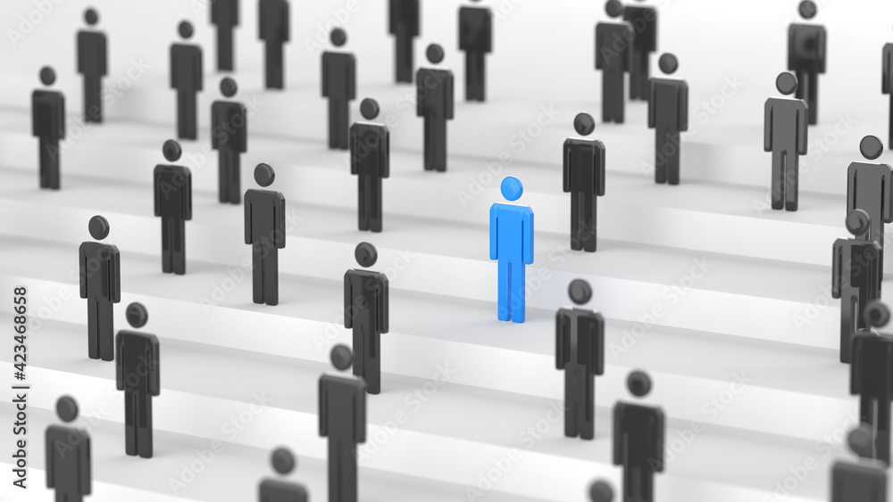 Leadership concept, blue leader man, standing out from the crowd, on white background. 3D Rendering