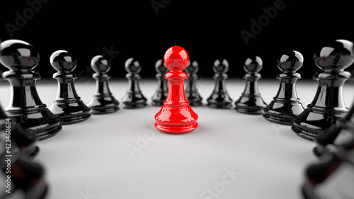 Leadership concept, red pawn of chess, standing out from the crowd of black pawns. 3D Rendering