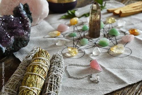 A close up image of a crystal healing grid using sacred geometry. 