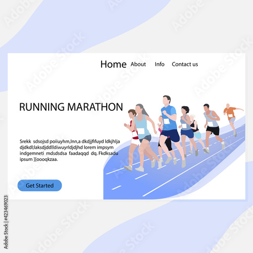 Running marathon landing page. Marathon competition, run exercise