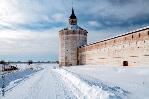 View of the Kuznechnaya Tower and the Siversky Lake on a frosty winter day, Kirillo-Belozersky Monastery, Kirillov, Vologda region, Russia photo