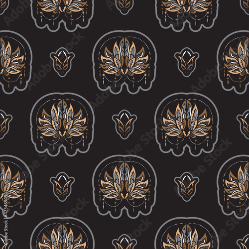 Seamless pattern with lotuses. Expensive and luxurious style. Good for menus, postcards, books, wallpaper and fabric. Vector illustration.