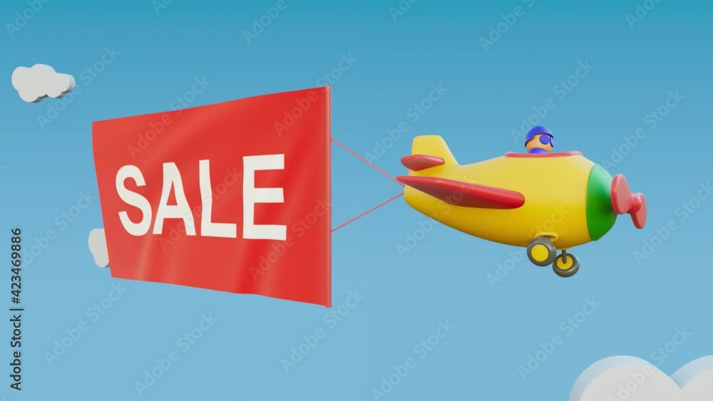 3d endless animation. Cartoon airplane with pilot flying in the clouds with wavy ad banner. Advertising design element. 3d endless animation. Cartoon airplane with pilot flying in the clouds with wavy ad banner. Advertising design element.