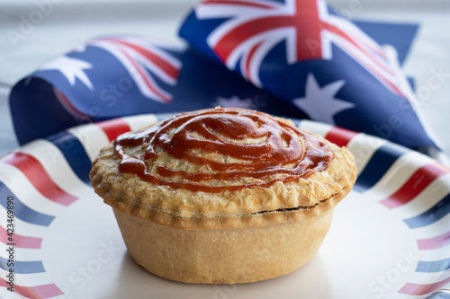 Bild auf Leinwand Traditional Classic Australian Meat Pie with Tomato Ketchup  topping
