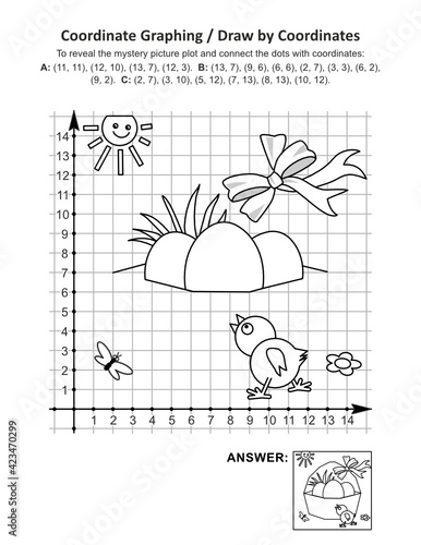 This is Easter holiday themed coordinate graphing, or draw by coordinates, and coloring page math worksheet with basket, eggs, bow, chick and cheerful sun mystery picture. Answer included.

