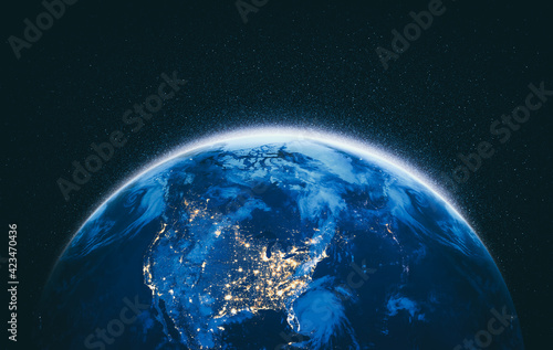 Planet earth globe view from space showing realistic earth surface and world map as in outer space point of view . Elements of this image furnished by NASA planet earth from space photos. photo