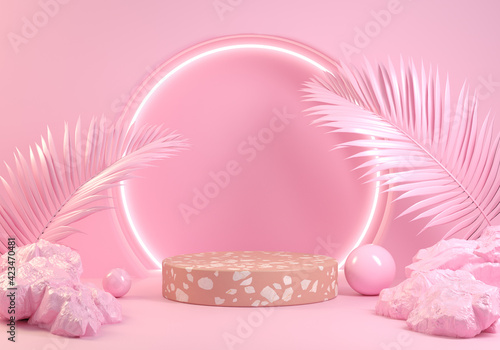 Wallpaper Mural Modern Minimal Pink Platform Natural Concept With Neon Light Abstract Background 3d Render Torontodigital.ca