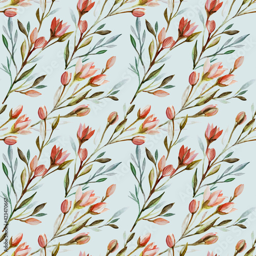 Floral seamless pattern. Vintage spring flowers on a pale blue hand-drawn background