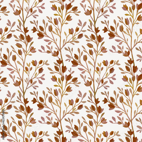 Vintage spring with red flowers and brown twigs on a white seamless background