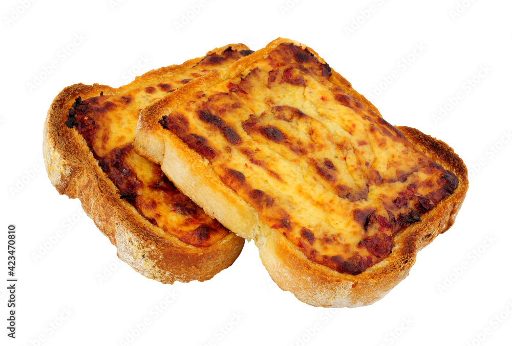 Grilled cheddar cheese on toast isolated on a white background