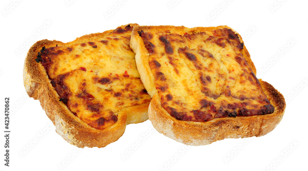 Grilled cheddar cheese on toast isolated on a white background