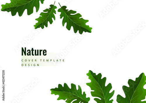 Creative green oak leaves on a light background. Template for your design. Vector