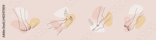 Pedicure spa female feet. Nail polish and nail file. Linear vector Illustration of elegant woman legs in a trendy minimalist style. Beauty logo for nail studio, beauty center or spa salon.