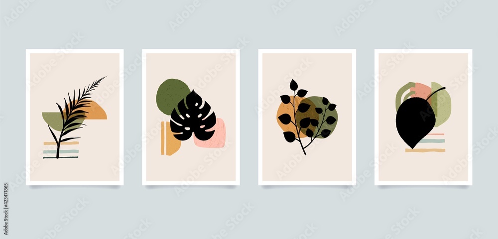 Modern aesthetic minimalist abstract botanical plants illustrations. Contemporary composition wall decor art posters collection.