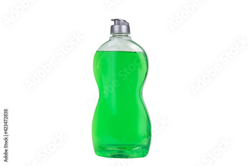 Transparent bottle with green dishwashing liquid on a white background.