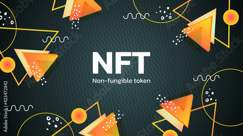 Vector illustration of digital NFT tokens in Memphis style. Banner for website and news non-fungible coins