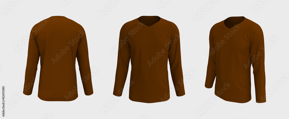 men's long-sleeve t-shirt mockup in front, side and back views, design presentation for print, 3d illustration, 3d rendering