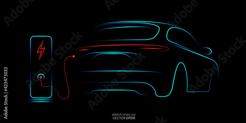 Electric SUV car with charging station by sketch line blue and red colors isolated on black background. Vector illustration.