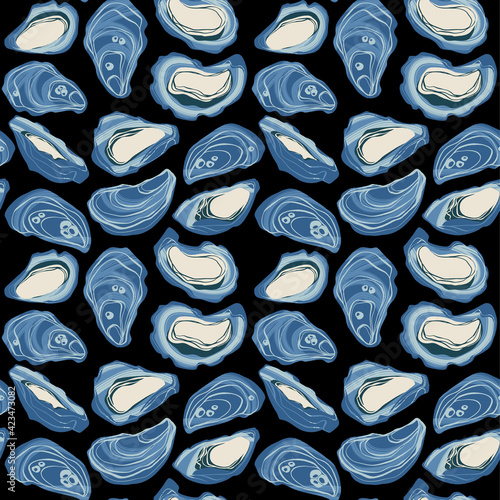 Decorative vector seamless pattern with tasty fresh oysters.