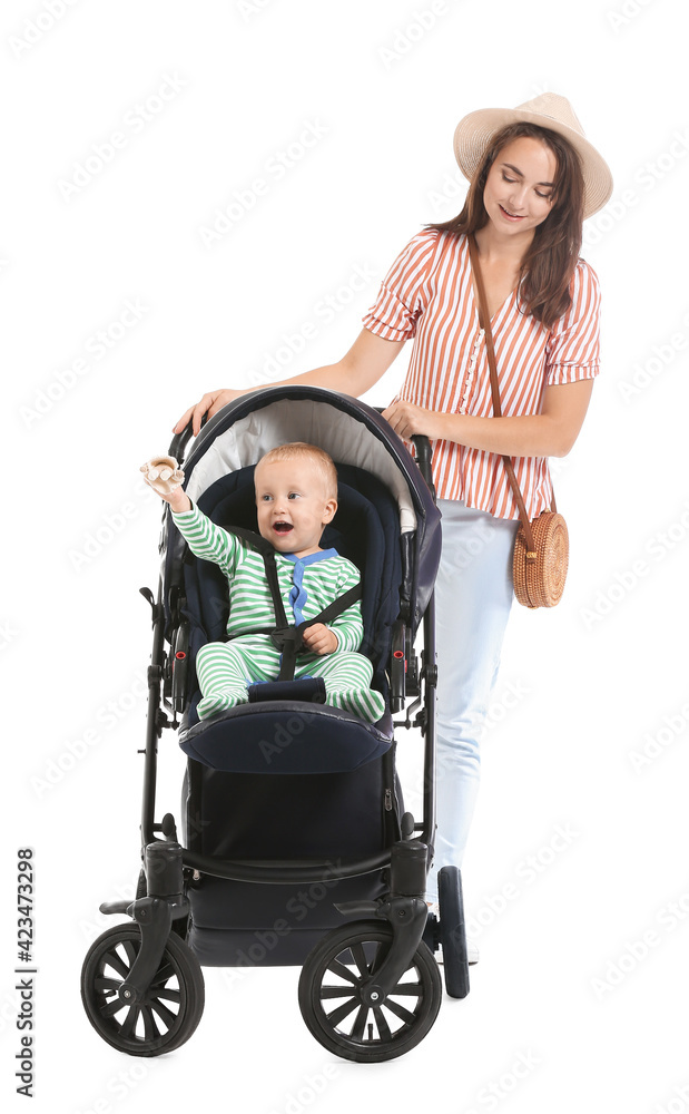 Woman and her cute baby in stroller on white background