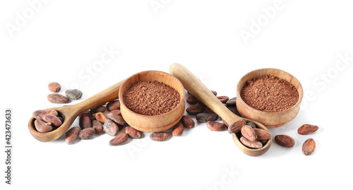 Cacao powder and beans on white background