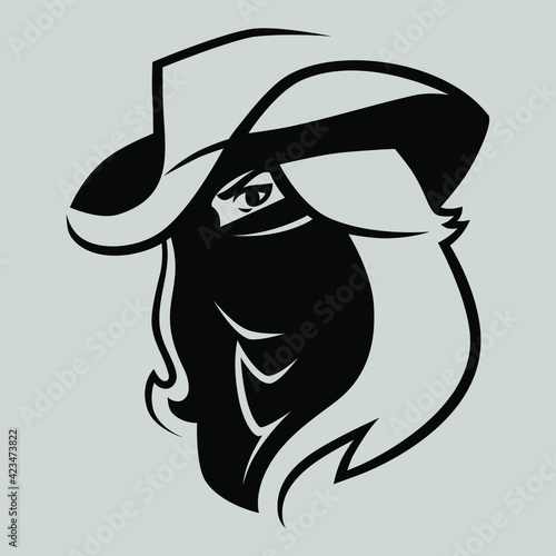 Cowgirl outlaw wearing bandana portrait symbol on gray backdrop. Design element