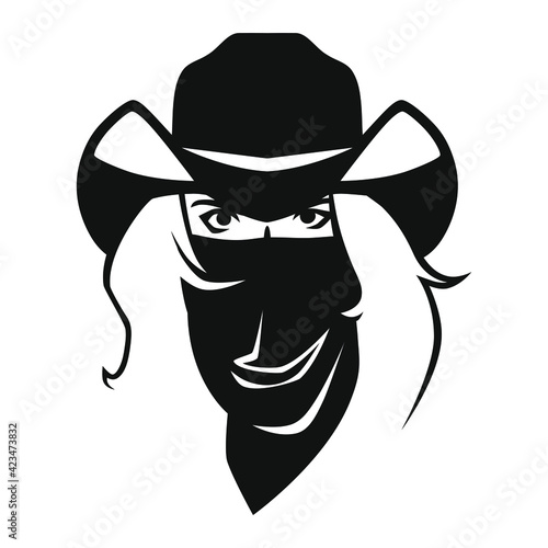 Cowgirl outlaw wearing bandana portrait symbol on white backdrop. Design element