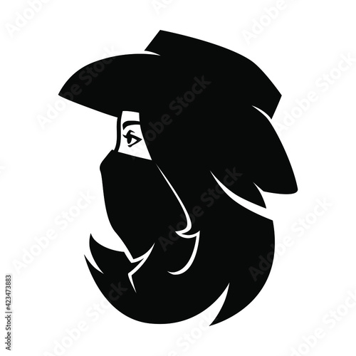 Cowgirl outlaw wearing bandana portrait symbol in profile on white backdrop. Design element
