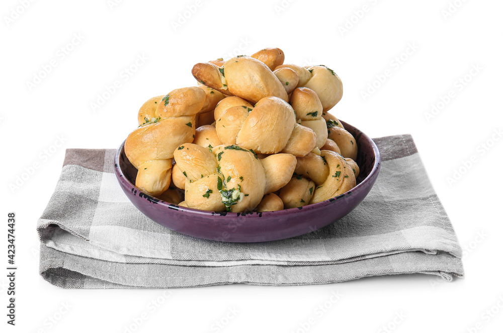 Plate with tasty garlic buns on white background Plate with tasty garlic buns on white background