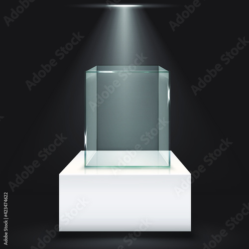 Creative vector illustration of realistic empty transparent glass box with spotlight isolated on background. Art design glass case is on museum pedestal, stage, 3d podium.