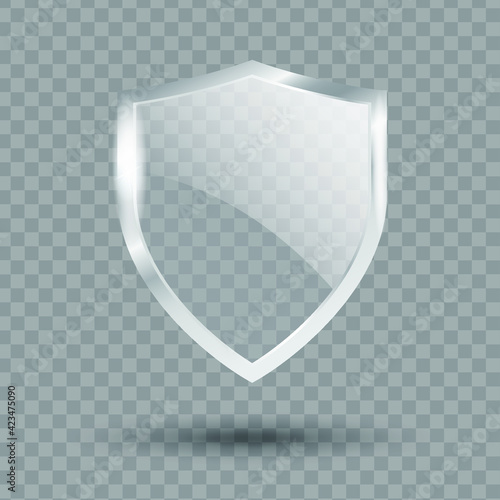 Protect Shield Vector. Safety Glass Badge Icon. Privacy Guard Banner Concept. Protection Shield. Transparent Decoration Secure Element. Defense Sign. Eps10 vector illustration.