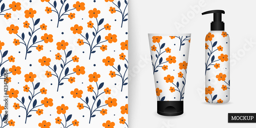 Floral seamless pattern. Beautiful flower background. Vector illustration. Elegant ornament with blooming flowers. Modern repeating texture. Design textile, paper, wallpaper, fabric. Mockup.