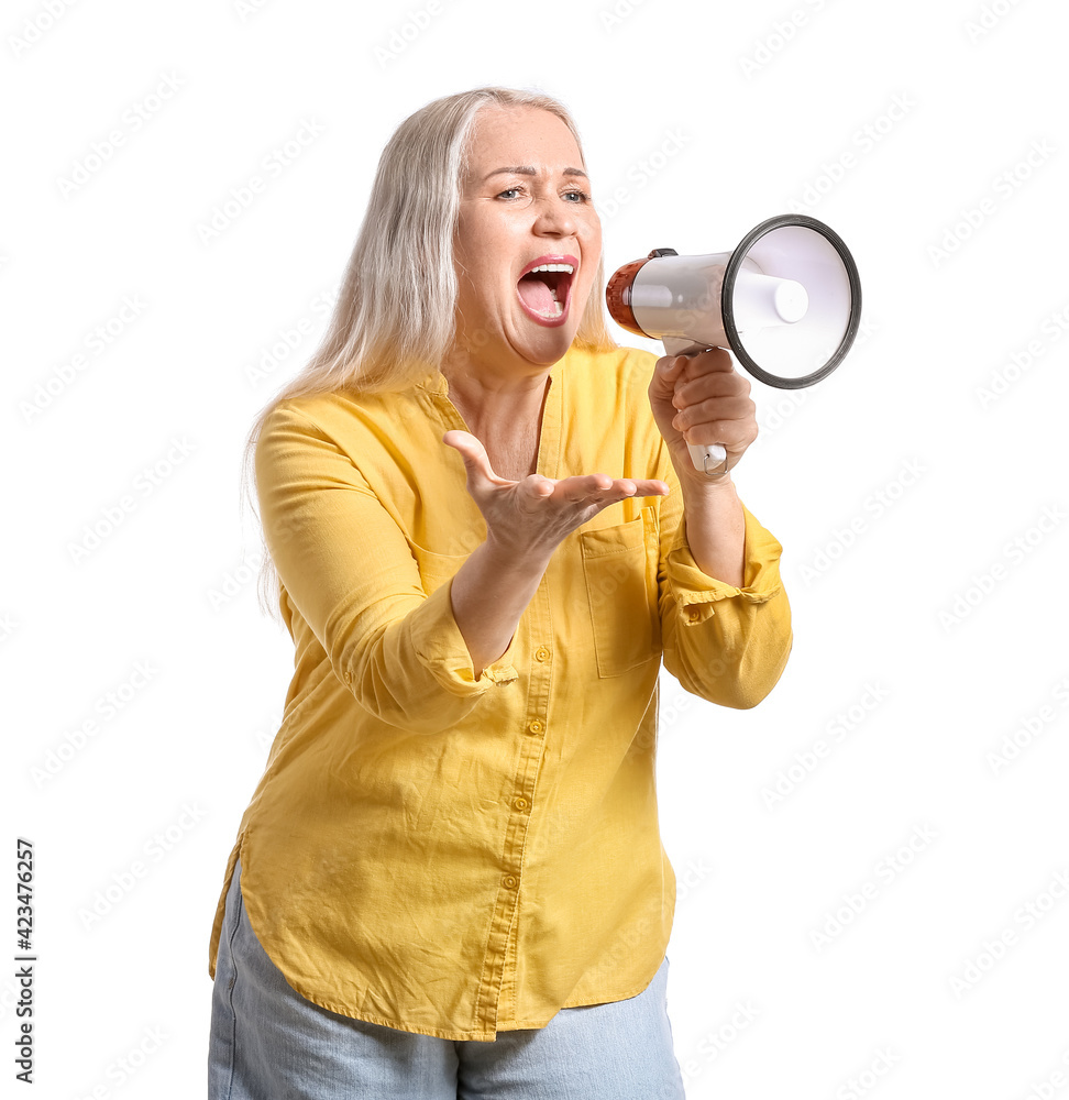 Obraz premium Stressed mature woman with megaphone on white background