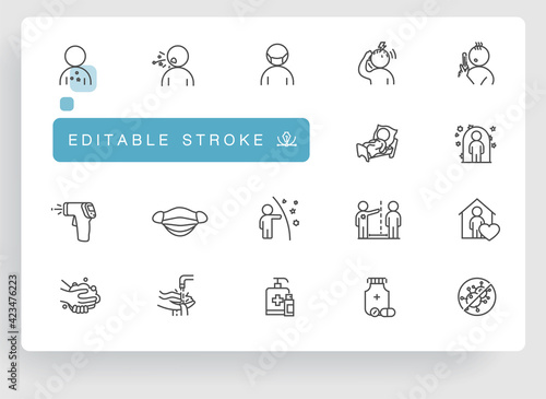 Symptoms of the disease and preventive measures against coronavirus. Vaccine and vaccination. Set of vector icons for medical posters and infographics. Editable Stroke